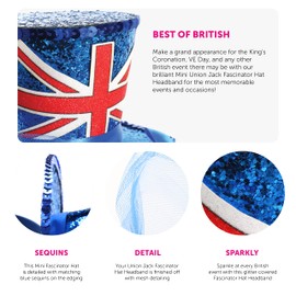 Union Jack Hat - Mini Union Jack Top Hat With Fascinator Veil - Kings Coronation, Rule Britannia, Ve Day Celebrations, Jubilee Events and Other Fancy Dress Events - Pack Of 1