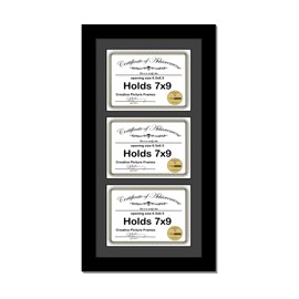 CreativePF [10x24bk-b] Black Vertical 7x9 Triple Diploma Frame with 3 Opening Black Matting | Holds 3 7x9 inch Documents with installed Wall Hanger