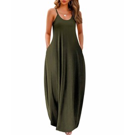 Wolddress Womens 2025 Casual Sleeveless Sundress Plus Size Loose Plain Long Summer Beach Maxi Dress with Pockets Thin Army Green 3X