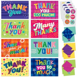 Decorably 24 Pack 6x4in Kids Thank You Cards with Envelopes and Stickers, 8 Fun and Vibrant Designs, Blank Inside, Kid's Birthday, All Occasions