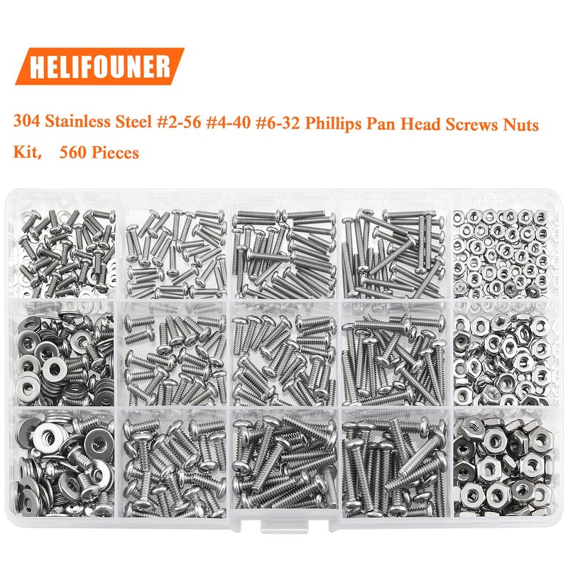 HELIFOUNER 560 Pieces #2-56#4-40#6-32 Phillips Pan Head Machine Screws Nuts
