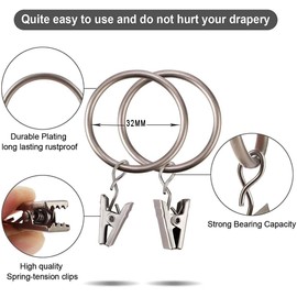 Gerhannery 30 Pack RingsCurtain Clips Strong Metal Decorative Drapery Window Curtain Ring with Clip Rustproof Vintage Compatible with up to 1 inch Drapery Rod Black (Silver)