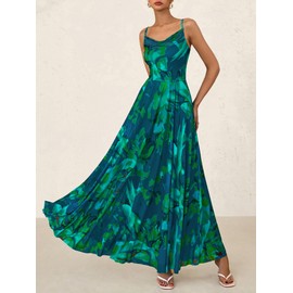 BTFBM Women Summer Floral Maxi Dresses Elegant Spaghetti Strap Dress Printed Party Dress Beach Long Dresses(Floral Green,Large)