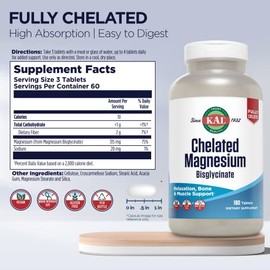 KAL Chelated Magnesium Bisglycinate, Magnesium Supplement for Relaxation, Bone Health, Nerve & Muscle Function Support*, High Absorption, Gentle Diges
