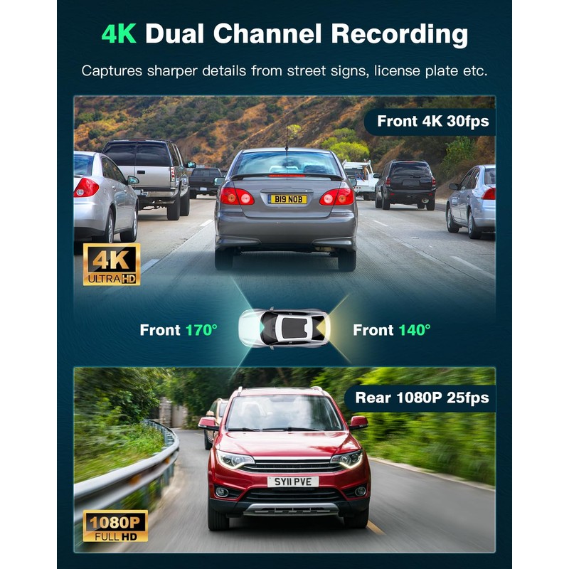 Dash Cam Front and Rear 4K+1080P, UHD Built-in WiFi DashCam