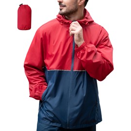 ZITY Men's Rain Jacket Waterproof with Hood Lightweight Raincoat for Golf Hiking Camping Cycling Red/Navy XL