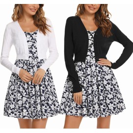 Enjyam Women's Bolero Jacket Long Sleeve Short Cardigan with Button Elegant Soft Jacket V Neck Shoulder Jacket for Dress, White+Black, s