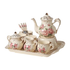 OptmAVth Ceramic Tea Set for Audlts, Cup of 4, with Teapot, Spoons, Sugar Bowl, Creamer Pitcher, Vintage Tea Set for Women Tea Party, White with Pink Roses & Gold Trim