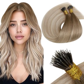 LaaVoo Nano Beads Ring Hair Extensions Balayage Light Brown to Dark Blonde and White Blonde Nano Hair Extensions Real Human Hair 20 Inch 50 Strands 50g Straight Remy Hair Extensions #8/18/60