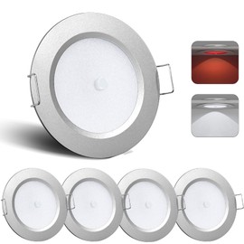 camperxlite 12V RV Bi-Color LED Puck Light, 3” 3W 5000K/Red Light, All Aluminum Recessed Mount Down Light Integral Switch for Motorhome Boat Interior Ceiling Under Cabinet Lighting, 4 Pack (Silver)