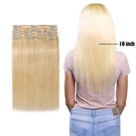 10" 70g-120g Clip in Remy Human Hair Extensions Full Head 8 Pieces Set Short/Long length Straight Very Soft Style Real Silky for Beauty (10"-70g, #613 Bleach Blonde)