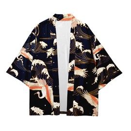 CIZEUR Summer Jacket Fashion Japanese Men's Jacket Cardigan Couple Kimono Coat Casual 3/4 Sleeves, Z-White Orange Crane