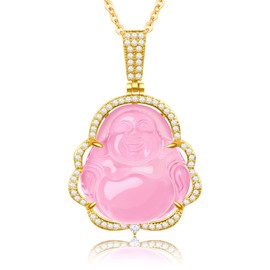 TIKCAUZ Buddha Necklace Bling Pink Jade Laughing Buddha Pendant with18K Gold Plated Chain Lucky Buddah Necklace Amulet Jewelry for Women