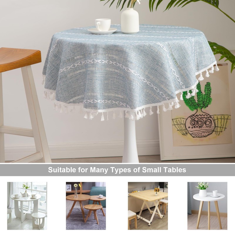 Hpxrom Rustic Linen Round Small Tablecloth Striped Embroidered Washable Blue