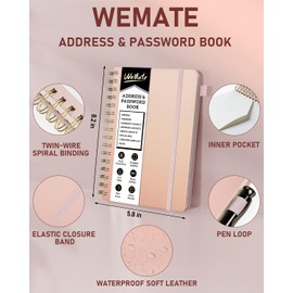 WEMATE Spiral Address Book with Alphabetical Tabs, Leather Password Book, Address Organizer Telephone Notebook Journal Keep Contact Safe Hardcover Large Print Seniors Home Office 5.8″×8.2″