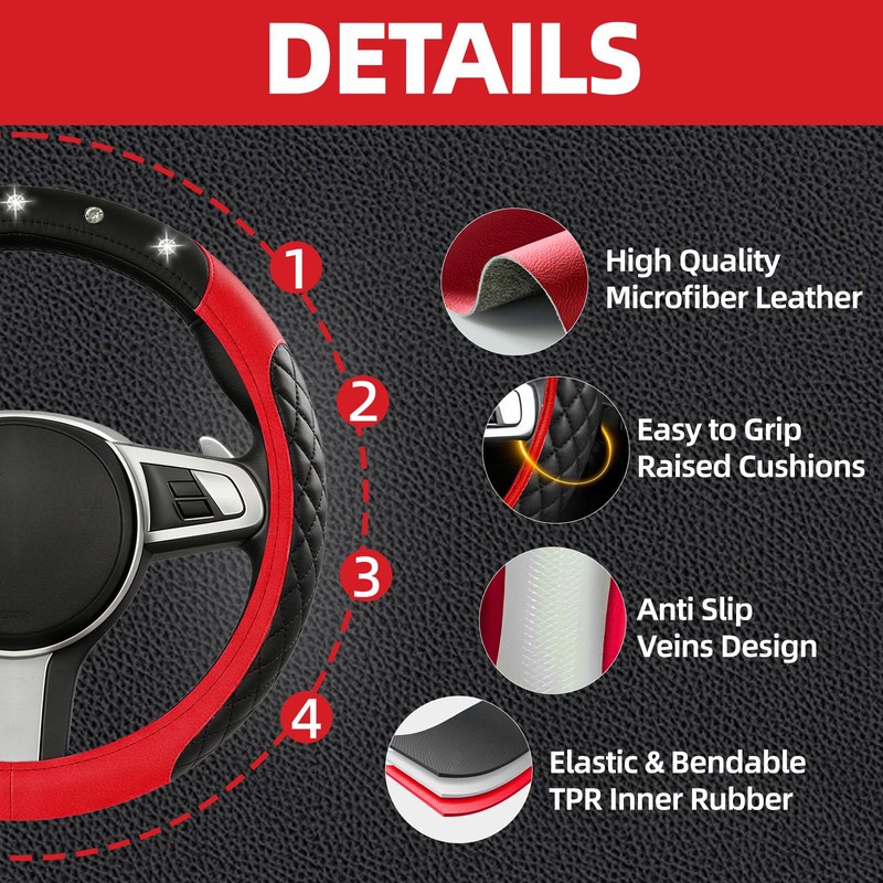 NBTEPEM 6 PCS Bling Car Accessories Set, Leather Steering Wheel