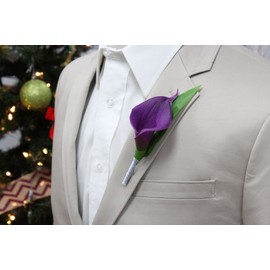 Angel Isabella Boutonniere-Real Touch Purple Hand-Made Keepsake Boutonniere Pearl Headed Pin Included (Silver Grey Ribbon Wrapped)