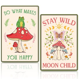 Lineshading 2 Pcs Vintage Metal Tin Sign Frog Mushroom Decor Stay Wild Moon Child Metal Sign Retro Mushroom Signs Wall Decor for Bathroom Hippie Room Home Pastoral Decorations, 12 x 8 Inches