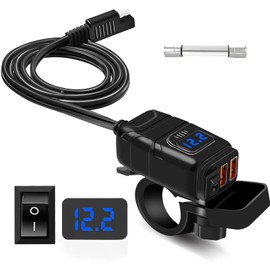Motorcycle Phone Charger,Dual USB 6.8A Quick Charge 3.0 Motorcycle Charger Adapat with Voltmeter & ON/Off Switch, Waterproof SAE to USB Adapter for Phone, Tablet, GPS (Blue)