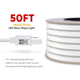Shine Decor 50FT LED Neon Rope Lights Outdoor Waterproof, AC 110V 120V Flexible NEON LED Strip Lights(Warm White), ETL Plug&Play 15M Neon Lights String 120 LEDs/M for Home Garden Commercial Lighting