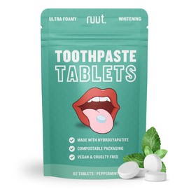 Ruut Toothpaste Tablets, Hydroxyapatite Remineralizing Eco Friendly Toothpaste Tabs, Fluoride Free Travel Tooth Tabs for Sensitive Teeth, Chewable Toothpaste Bites, Peppermint - 1 Month