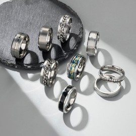 EIELO 9Pcs Stainless Steel Band Rings for Men Women Cool Fidget Spinning Chain Ring Anxiety Relief Fashion Simple Wedding Engagement Black Ring Set