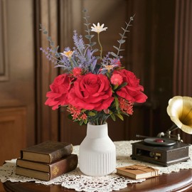 HOPEME Artificial Flowers in Vase, Elegant Dining Table Centrepiece, Silk Red Rose Flower Arrangement, Rustic Farmhouse Faux Flowers for Coffee Table, Floral Centrepiece for Tables, Spring Home Décor