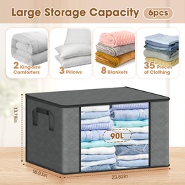 Mowdug 6-Pack 90L Large Storage Bags, Foldable Storage Box with Large Clear Window, Closet Organizers and Storage with Reinforced Handles, for Organizing Bedroom, Closet, Comforter, Toys, Clothes