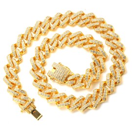 Halukakah Cuban Link Chain for Men Iced Out,14MM Men's Gold Chain Miami Choker Necklace 24In(60cm) in 18kt Real Gold Plated,Full Cz Diamond Cut Prong Set,Gift for Him