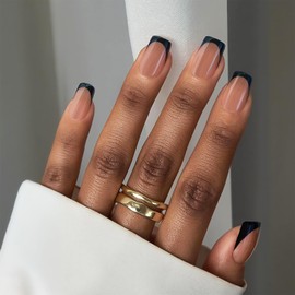 Black French Tip Press On Nails, Short Square fake Nails with Nail Glue, Reusable Soft Gel Stick On Nails for Women Girls Gift, 24PC Elegant Glue On Nails Kit