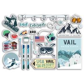 A5 Sticker Sheet Vail Vinyl Stickers - Colorado United States USA Ski Resort Mountains Snowboard Holiday Flag Travel Snow Sports Luggage Scrapbooking #79069