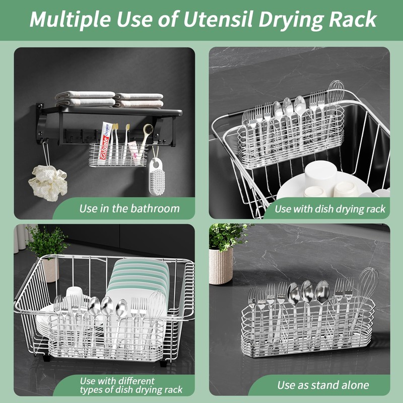 304 Stainless Steel Utensil Holder, Silverware Drying Rack with Hooks