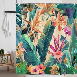 DZLGC Tropical Colorful Palm Leaf Shower Curtain, Tropical Floral Leaves Hawaiian Botanical Jungle Plant Bathroom Curtain, Waterproof Cloth Fabric Bath Curtain Accessories with Hooks 69X70IN