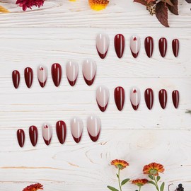 TENPAL Burgundy French Press On Nails 24Pcs with Tools Kit - Medium Almond Shape Reusable Fake Nails for Valentine's Day & Daily Wear, Glossy Simple Wine Red Design Stick on Nails for Women Girls