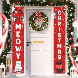 Cat Christmas Banner Lights Hanging Banner Front Door Porch Yard Lawn Winter Xmas Merry Christmas Decorations for Home 71x12 Inch