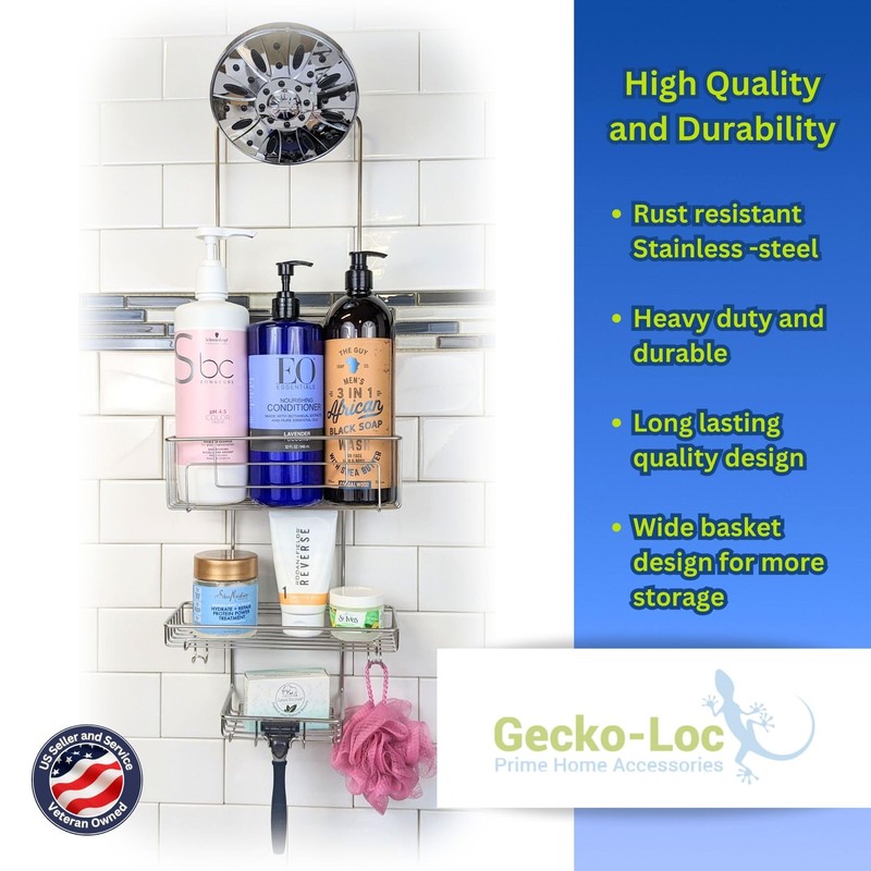 Gecko-Loc SHS-015EXT Extra Long Adjustable Hanging Shower Caddy, Over-the-Showerhead Organizer