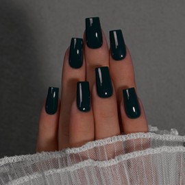 KQueenest Black Press On Nails Medium Square - Acrylic Press On Nails with Glue, Dark Coffin Short Fake Nails Press ons, Glossy Opaque, Reusable Soft Gel Glue on Nails for Women, 28 Pcs