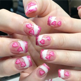 24Pcs Valentine's Day Press on Nails Short French Tip Fake Nails with Valentines Nails Design Pink Glitter Nail Tip Glue on Nails Romantic Heart Acrylic False Nails Square Artificial Stick on Nails
