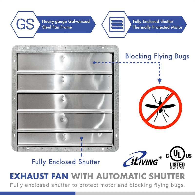 iLIVING 20" Wall Mounted Shutter Exhaust Fan, Automatic Shutter, with