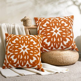 Alysheer Embroidered Decorative Throw Pillow Cover 18x18 inches Set of 2 Pieces, Boho Mandala Modern Chic Classic Pattern Cotton Cushion Case for Sofa Couch Bed Living Room(Burnt Orange)