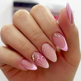 24 Stück Rosa Herz Nägel zum Aufkleben – Romantische Mandel Kunstnägel mit Herz-Design, Valentinstag Press on Nails, Glänzende Acryl Full Cover Falsche Nägel für Frauen Mädchen DIY (Rosa Herz)