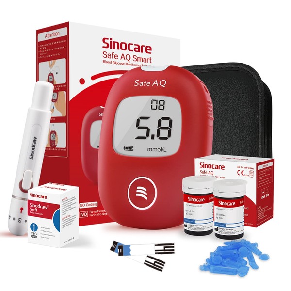 sinocare Diabetes Testing Kit/ Blood Glucose Monitor Safe AQ Smart/ Blood Sugar Test Kit with Strips x 50 & Lancing Devices x 50 & Carrying Bag, for UK Diabetics -in mmol/L