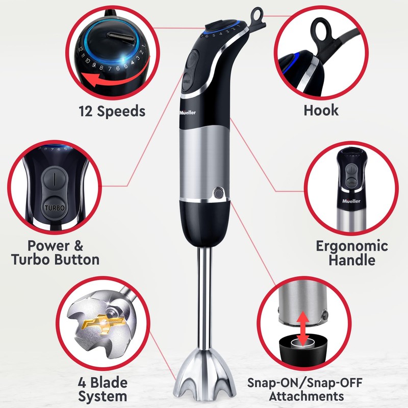 Mueller Multistick 800W 4-in-1 Immersion Blender Handheld, 12 Speed Hand