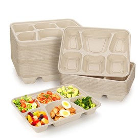 50 Pack 6 Compartment Disposable Paper Plates, Compostable Bagasse School Lunch Tray, Biodegradable Sugarcane Food Sectional Plates, Heavy-Duty Divided Platter Tray for Buffet Party, Microwave Safe