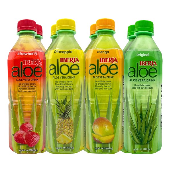 Iberia Aloe Vera Drink with Pure Aloe Pulp, Variety, (Pack of 8) 2 x Original, 2 x Mango, 2 x Pineapple, 2 x Strawberry