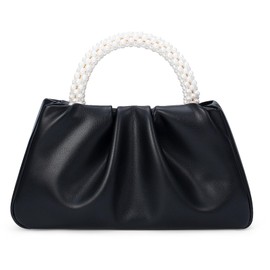 YYW Women Evening Bags Pearl Clutch Purses Soft Leather Ruched Crossbody Handbags for Wedding Bridal Party, Black, One Size, Classic