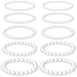 Kajaia 10 Pcs Faux Pearl Bracelets for Women Pearl Stretch Beaded Bracelets for Bridesmaid Wedding Bridal Party(Mixed Size)