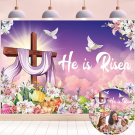He is Risen Backdrop Resurrection Cross Lily Photography Backdrop 7x5FT Happy Easter Background for Spring Easter Party Outdoor Indoor Decoration Banner Photo Props (7x5FT（210x150cm）)
