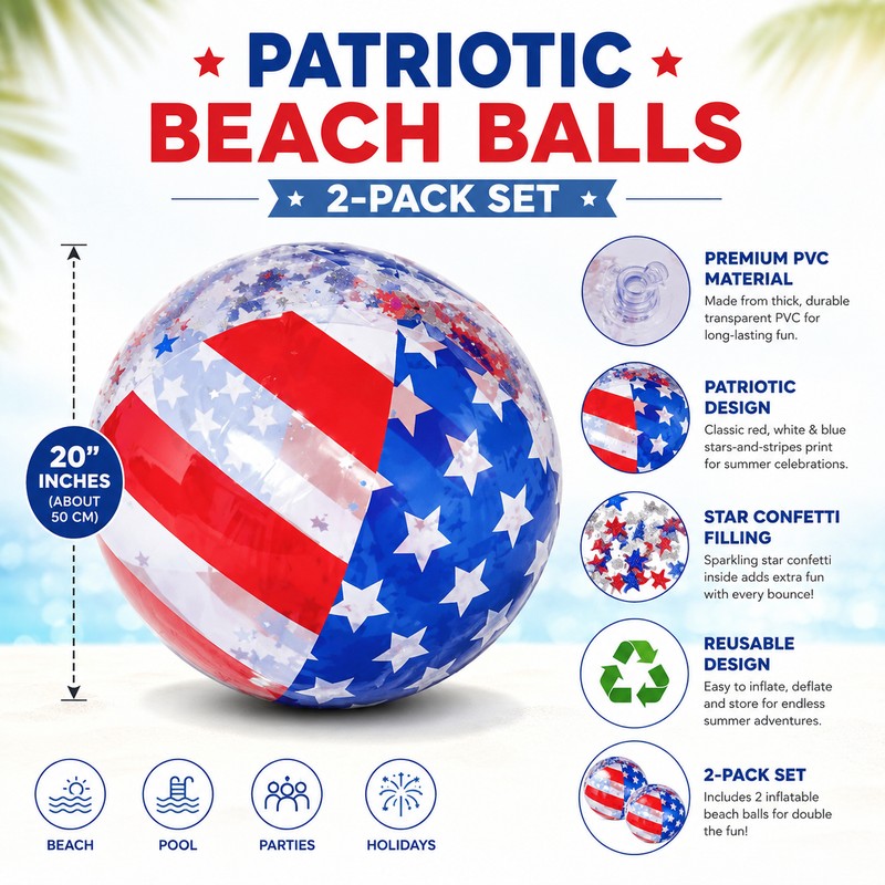 2-Pack Patriotic Beach Balls for Pool Parties – 20-Inch Confetti