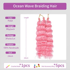 24 Inch Ocean Wave Braiding Hair 3 Packs Deep Wave Braiding Hair Curly Crochet Synthetic Braids Hair Extension for Women (Pink#, 24 Inch 3 Packs)